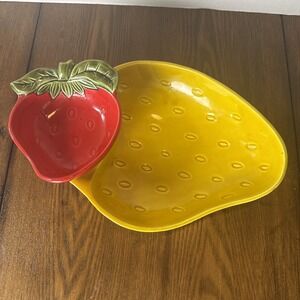 Rare Ceramic Strawberry Fruit $ Dip Bowl Party Platter Multi Use Collector Bowl